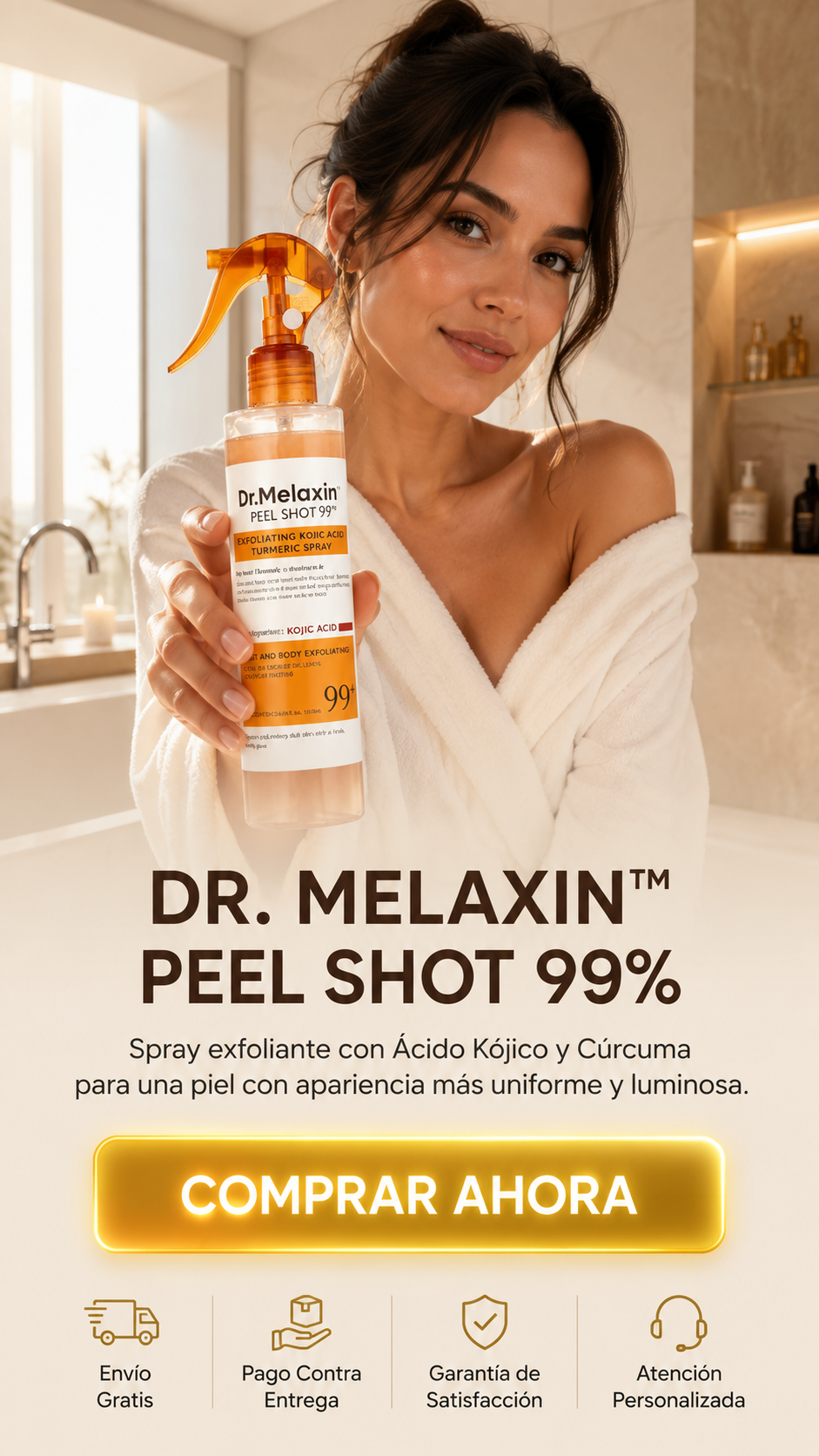 Dr. Melaxin™ Peel Shot 99%-Spray exfoliante con Ácido Kójico y Cúrcuma para una piel con apariencia más uniforme y luminosa.