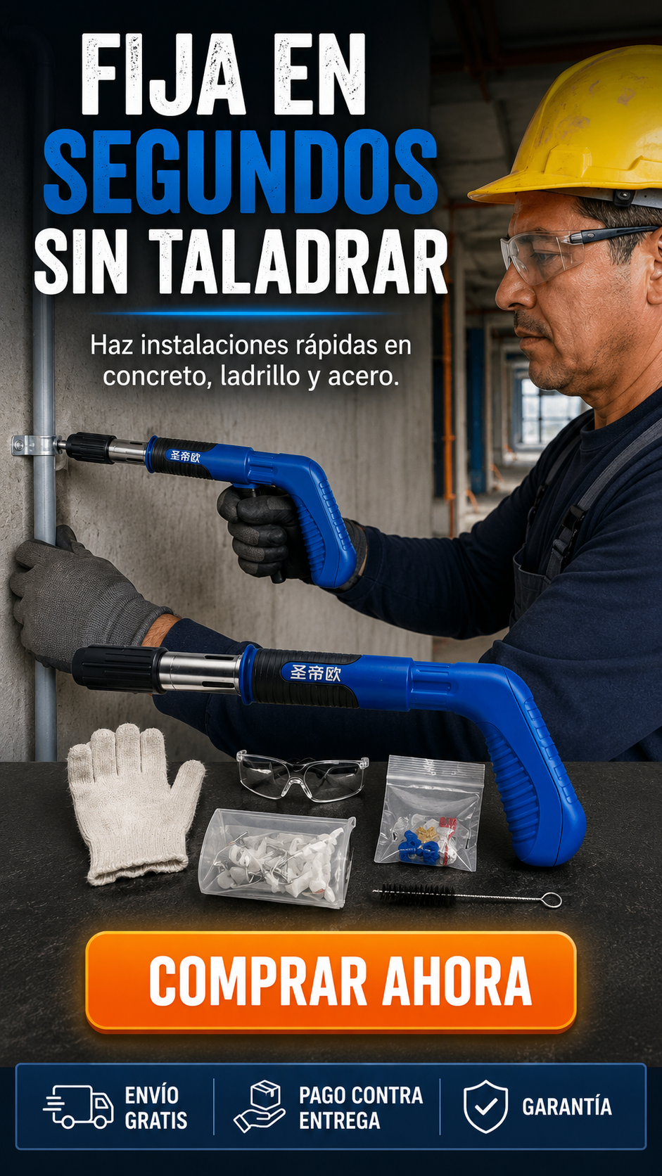 PISTOLA DE REMACHE E IMPACTO PRO-Fija en concreto, ladrillo y acero en segundos